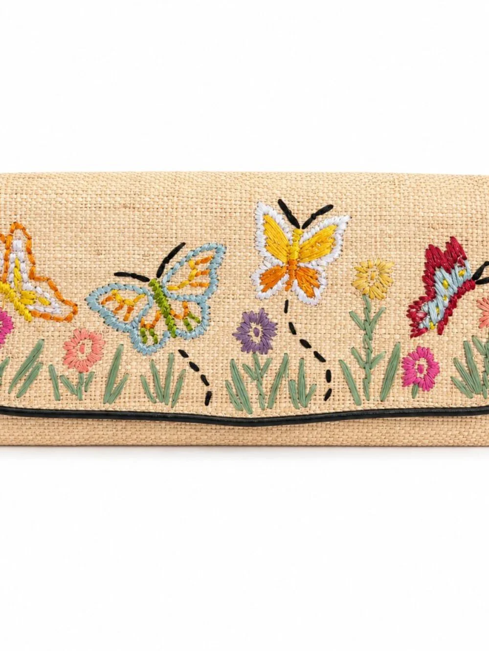 Embroidered Butterfly Floral Straw Envelope Clutch Bag Tan Multicolor